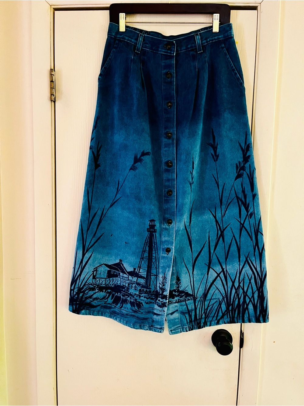 VTG 90s Denim Handpainted Coastal Grandma Yacht Sailing Cape Cod Midi Skirt M/L